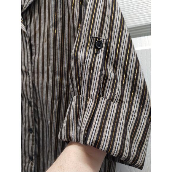 Street Fever Women's Size Large Brown Gold Metallic Striped Roll Tab Sleeve Top - Picture 4 of 6